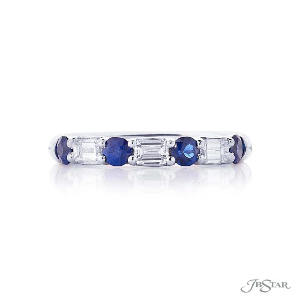 Elegance Elevated: Classic Single-Row Sapphire and Emerald-Cut Diamond Band in Platinum