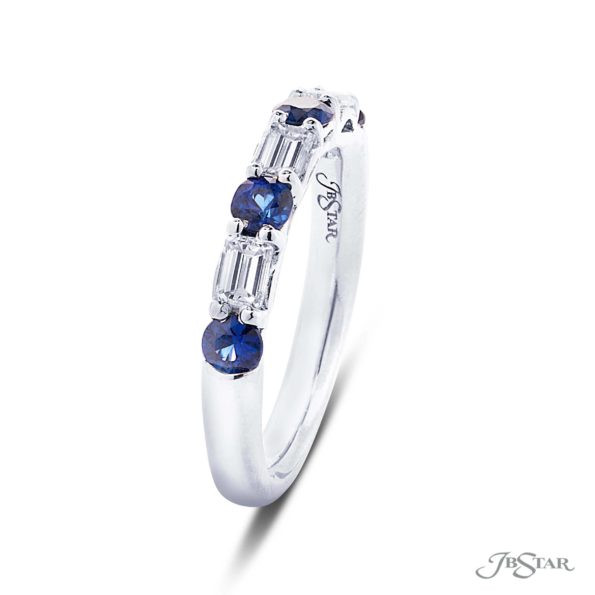 Elegance Elevated: Classic Single-Row Sapphire and Emerald-Cut Diamond Band in Platinum