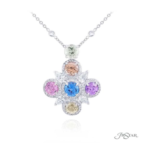 Exquisite Style: One-of-a-Kind Multi-Colored Sapphire Pendant  No-Heat Pear & Round Sapphires with Baguette Diamonds in Pure Platinum