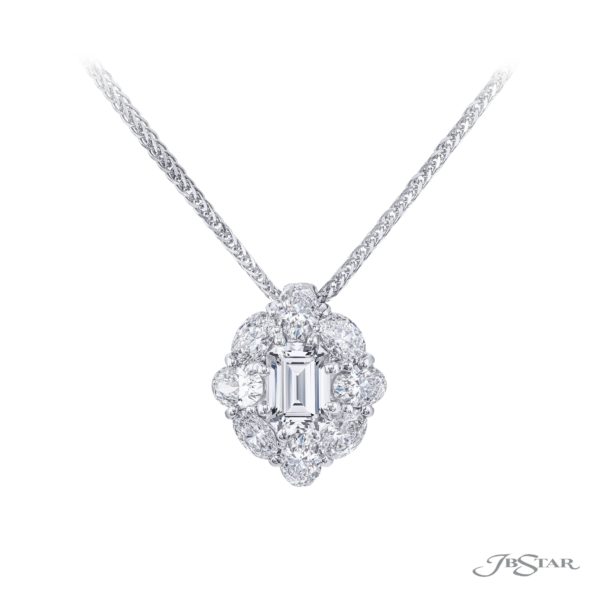 Dazzling Diamond Pendant: 0.92 ct. GIA-Certified Emerald-Cut Diamond Encircled by Oval Diamonds Handcrafted in Pure Platinum