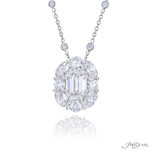 Exquisite Style: Timeless 2.23 ct. GIA Certified Emerald-Cut Diamond Pendant  Encircled by Oval and Round Diamonds in Pure Platinum