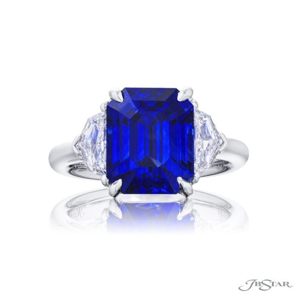 7.27 ct Certified Sri Lankan Vivid Blue Sapphire & Diamond Ring | Emerald-Cut Sapphire with Epaulet Diamonds in Platinum | Breathtaking Radiance by Jb Star