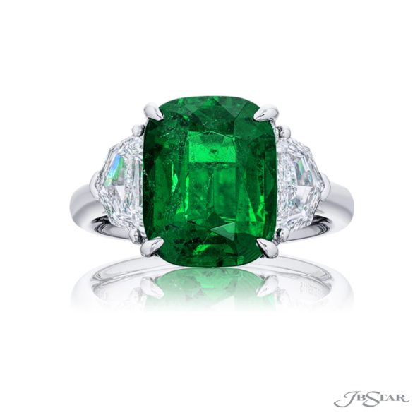 4.80 ct Certified Vivid Green Zambian Emerald & Diamond Ring | Cushion-Cut Emerald with Epaulet Diamonds in Platinum | Breathtaking Radiance by Jb Star