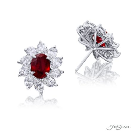 Certified Ruby & Diamond Floral Earrings with Oval Rubies and Pear-Shaped Diamonds in Platinum Certified Ruby & Diamond Floral Earrings with Oval Rubies and Pear-Shaped Diamonds in Platinum
