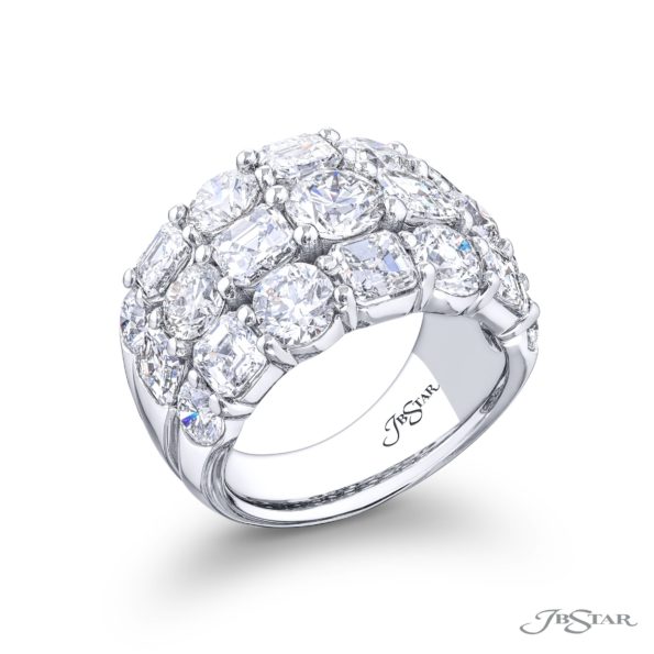 Iconic Three-Row Diamond Band | Square Emerald-Cut and Round Diamonds in Platinum