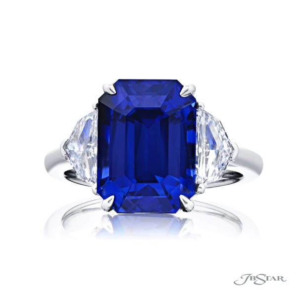 7.77 ct Certified Vivid Blue Sri Lankan Sapphire & Diamond Ring | Emerald-Cut Sapphire with Epaulet Diamonds in Platinum | Breathtaking Radiance by Jb Star