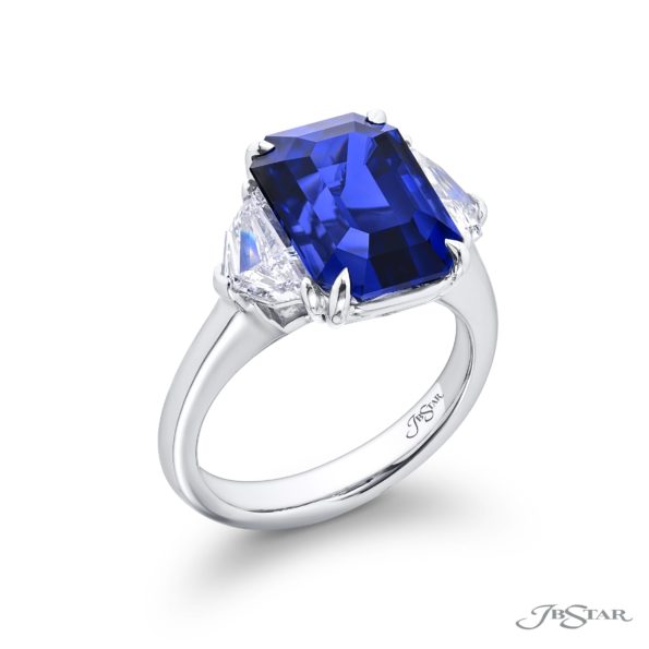 7.77 ct Certified Vivid Blue Sri Lankan Sapphire & Diamond Ring | Emerald-Cut Sapphire with Epaulet Diamonds in Platinum | Breathtaking Radiance by Jb Star