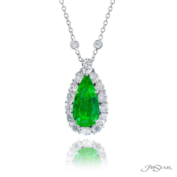 Exquisite Style: One-of-a-Kind 3.51 ct. Certified Encircled Emerald Pendant  Pear-Shaped Emerald with Round & Oval Diamonds in Pure Platinum