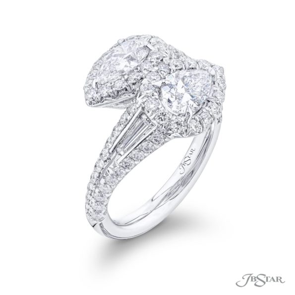 Breathtaking Radiance: Pink Sapphire and Diamond Twogether Ring  Pear-Shaped Pink Sapphires with Tapered Baguette Diamonds in Pure Platinum