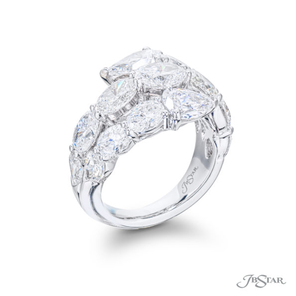 Dazzling Three-Row Diamond Ring  Certified Pear-Shaped Diamonds with Pear & Oval Diamond Accents in Pure Platinum