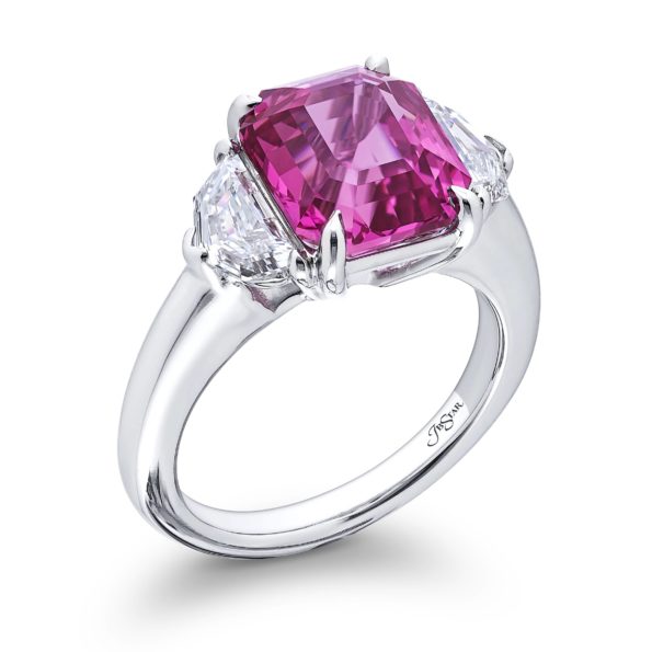 5.84 ct Certified Sri Lankan Pink Padparadscha & Diamond Ring | Emerald-Cut Padparadscha with Epaulet Diamonds in Platinum | Breathtaking Radiance by Jb Star