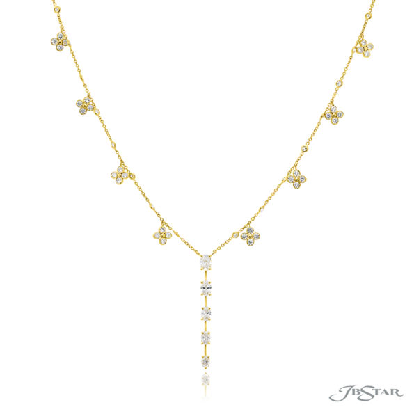 Exquisite Style: Our Timeless Diamond Drop Floral Pendant  Oval Diamond Drop with Round Diamond Floral Chain in 18K Yellow Gold