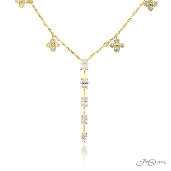 Exquisite Style: Our Timeless Diamond Drop Floral Pendant  Oval Diamond Drop with Round Diamond Floral Chain in 18K Yellow Gold
