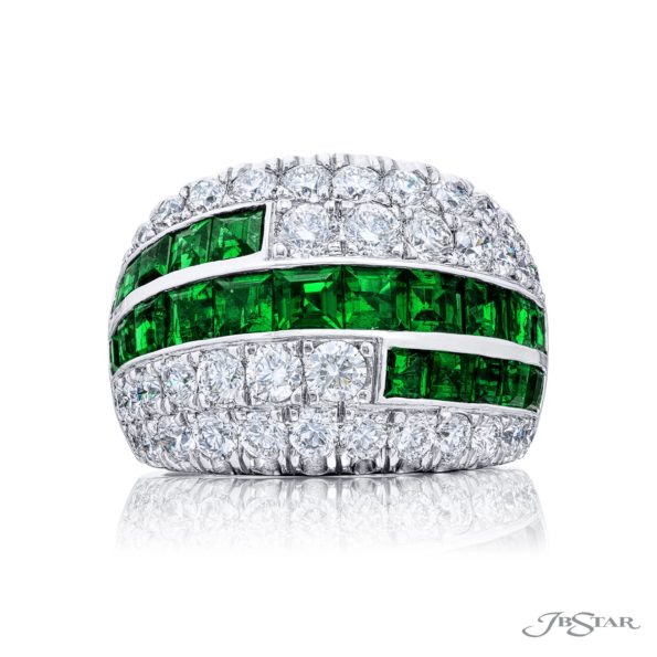 Iconic Three-Row Emerald and Diamond Band | Platinum Emerald-Cut and Round Diamond Ring
