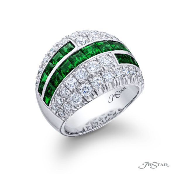Iconic Three-Row Emerald and Diamond Band | Platinum Emerald-Cut and Round Diamond Ring