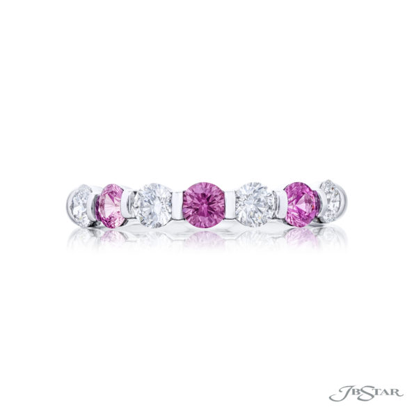 Elegance Elevated: Iconic Single-Row Pink Sapphire and Diamond Band in Pure Platinum