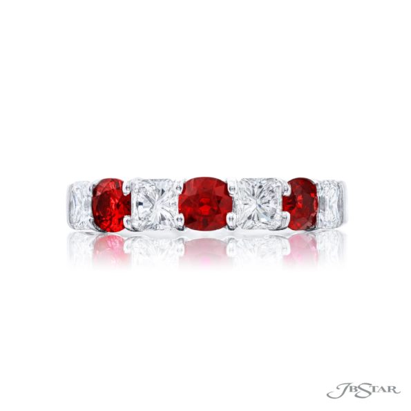 Iconic Single-Row Ruby & Diamond Band | Cushion Rubies & Radiant Diamonds in Platinum