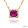 Exquisite Style: Our One-of-a-Kind Encircled Pink Sapphire Pendant  Emerald-Cut Pink Sapphire Cradled in Round Fancy Yellow & White Diamonds Handcrafted in Pure Platinum & 18KY Gold