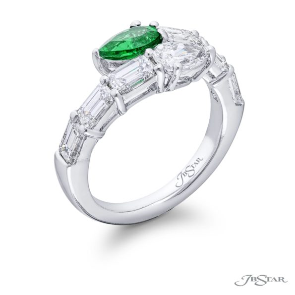 Breathtaking Radiance: Certified Twogether Emerald Ring  Pear-Shaped Emerald & Diamonds with Emerald-Cut Diamonds in Pure Platinum
