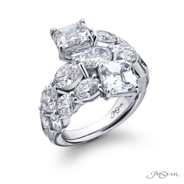 Dazzling Brilliance: Certified Three-Row Diamond Ring  GIA-Certified Emerald-Cut Oval & Pear-Shaped Diamonds in Pure Platinum