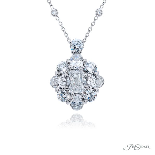 Exquisite Style: Timeless 0.70 ct. GIA-Certified Diamond Pendant  Radiant-Cut Diamond Cradled in Oval and Round Diamonds Handcrafted in Pure Platinum