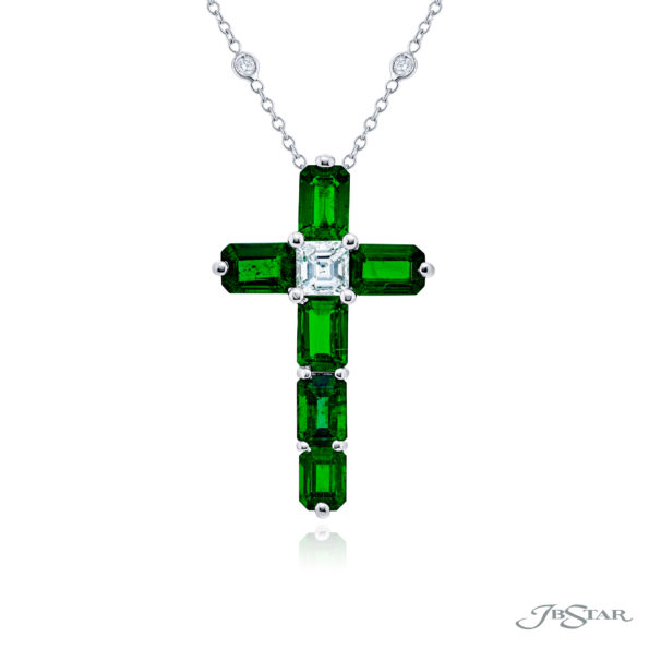 Exquisite Style: One-of-a-Kind Emerald Cross Pendant  Emerald-Cut Emeralds with a Square Emerald-Cut Diamond in Pure Platinum