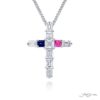 Exquisite Style: One-of-a-Kind Sapphire Cross Pendant  Square Emerald-Cut Pink & Blue Sapphires with Square & Emerald-Cut Diamonds in Pure Platinum