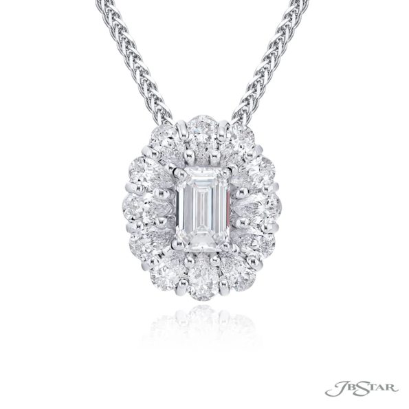 Exquisite Style: Our One-of-a-Kind GIA Certified Diamond Pendant  Emerald-Cut Diamond Encircled by Pear-Shaped Diamonds Handcrafted in Pure Platinum