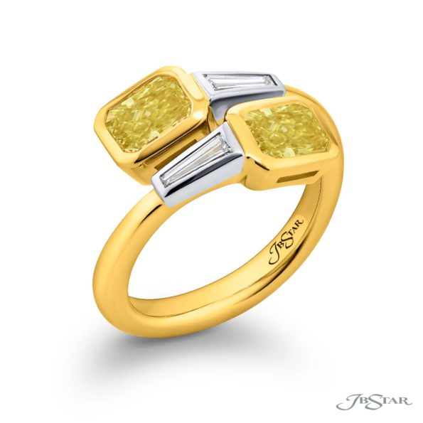 Dazzling Brilliance: GIA Certified Bezel Twogether Diamond Ring  Radiant-Cut Fancy Yellow Diamonds with Tapered Baguette Accents in 18K Yellow Gold