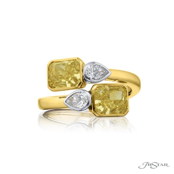 Dazzling Brilliance: GIA Certified Bezel Twogether Diamond Ring  Radiant-Cut Fancy Yellow Diamonds with Pear-Shaped Accents in 18K Yellow Gold