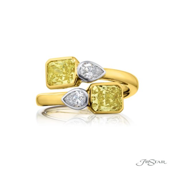 Dazzling Brilliance: GIA Certified Bezel Twogether Diamond Ring  Radiant-Cut Fancy Yellow Diamonds with Pear-Shaped Accents in 18K Yellow Gold