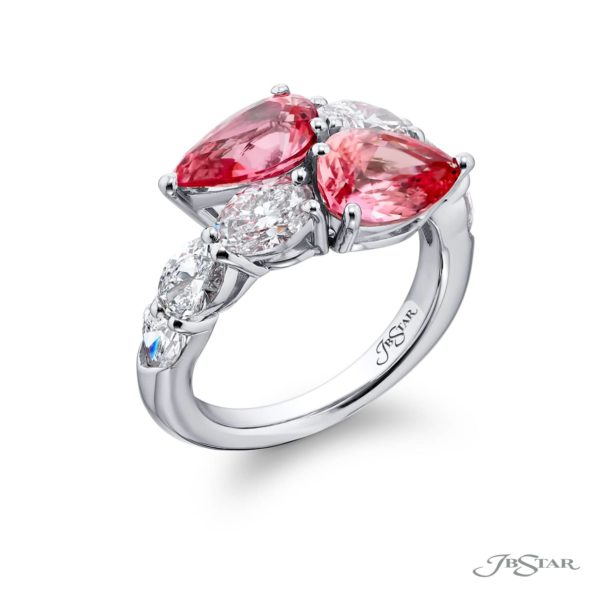Breathtaking Radiance: Certified Twogether Padparadscha Sapphire Ring No-Heat Sapphires & Oval Diamonds in Pure Platinum