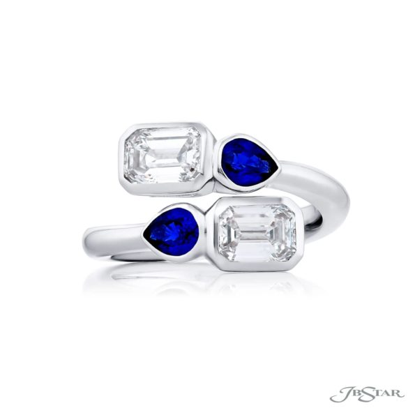 Dazzling Brilliance: GIA Certified Bezel Twogether Diamond Ring  Emerald-Cut Diamonds with Pear-Shaped Sapphires in Pure Platinum