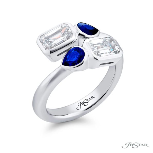 Dazzling Brilliance: GIA Certified Bezel Twogether Diamond Ring  Emerald-Cut Diamonds with Pear-Shaped Sapphires in Pure Platinum