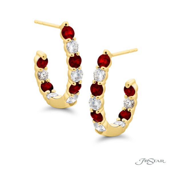 Round Ruby and Diamond Hoop Earrings in 18K Yellow Gold