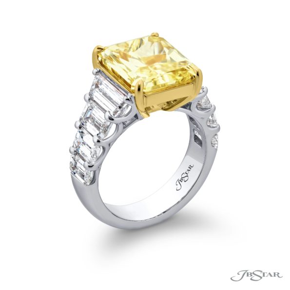 10.02 ct Fancy Intense Yellow Diamond Ring | GIA Certified Cushion-Cut with Trapezoid & Emerald Diamonds | Handcrafted in Platinum & 18KY Gold