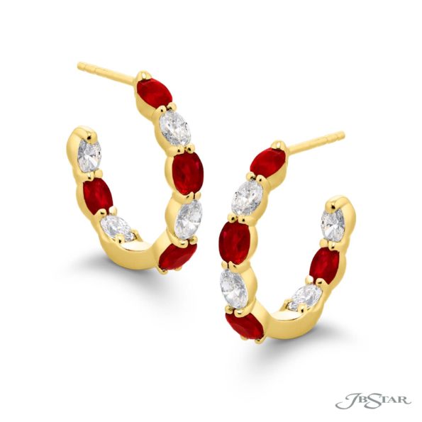 Oval Ruby and Diamond Hoop Earrings in 18K Yellow Gold