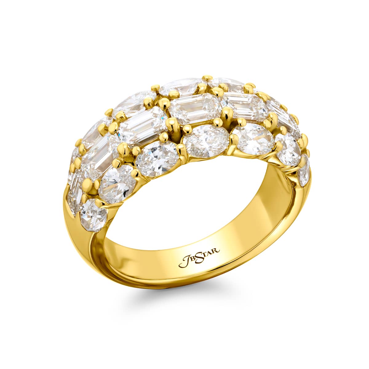 18K Yellow Gold Oval and Emerald-Cut Diamond Three-Row Band 18K Yellow Gold Oval and Emerald-Cut Diamond Three-Row Band