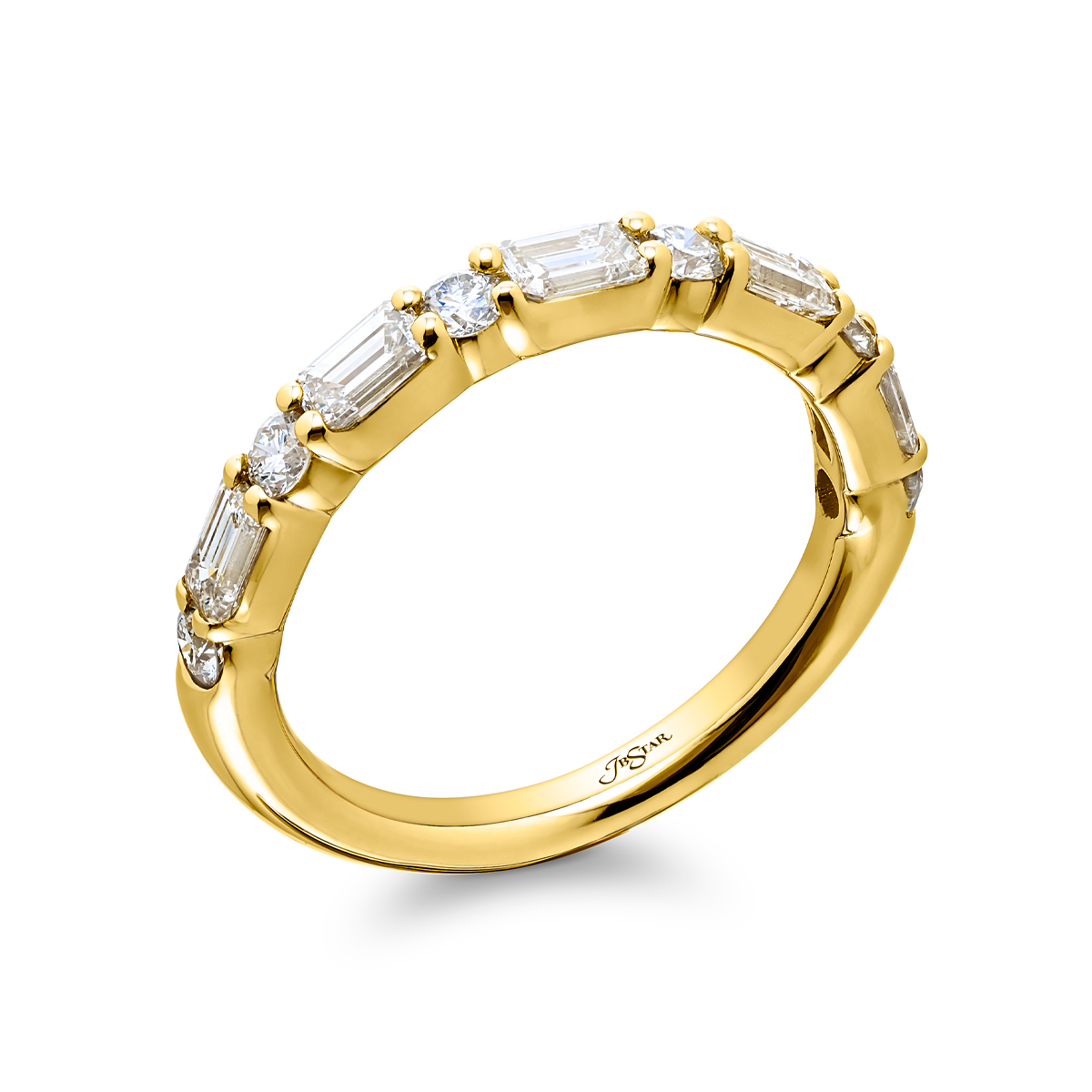 18K Yellow Gold Emerald-Cut and Round East-West Band